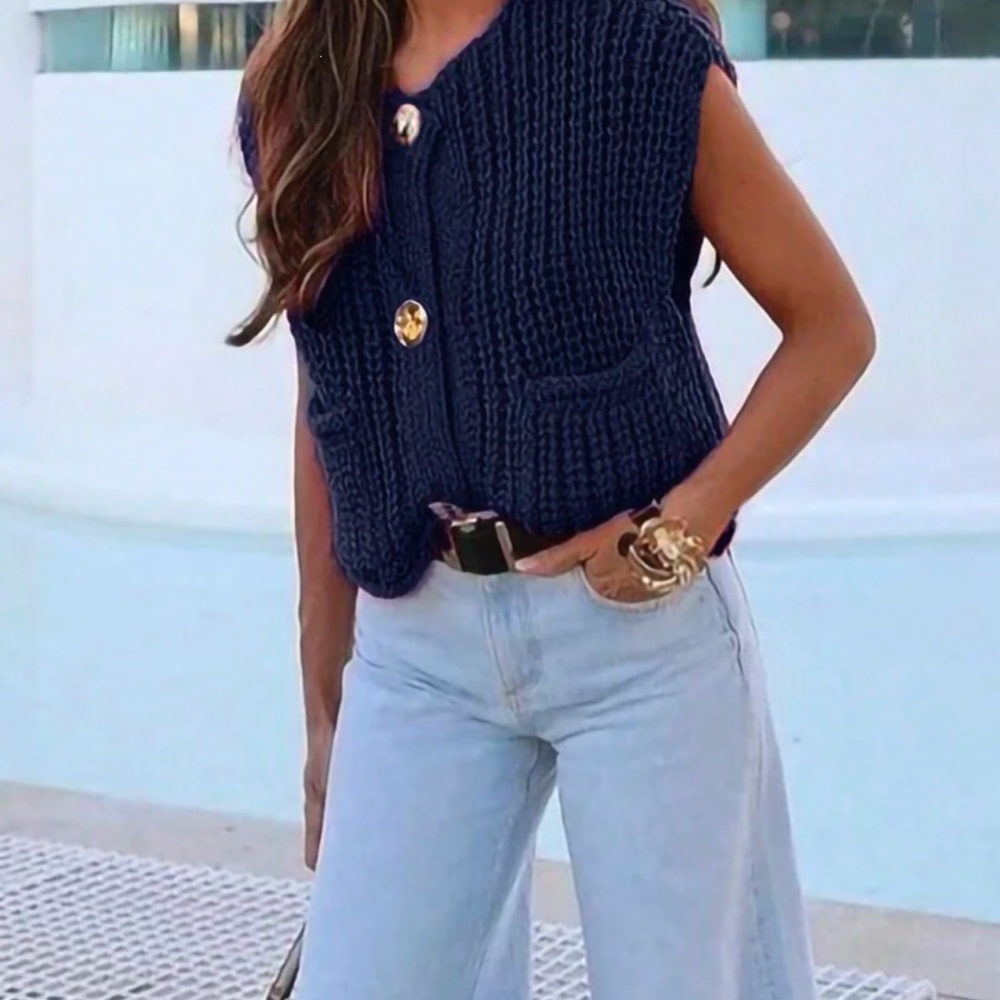 Navy Knit Vest with Gold Button